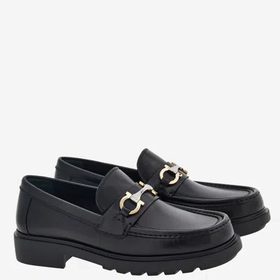Ferragamo Leather Loafer With Gancini Metal Detail In Black