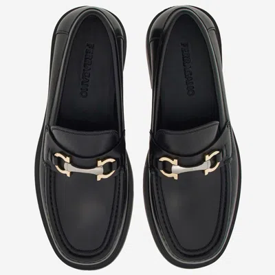 Ferragamo Leather Loafer With Gancini Metal Detail In Black