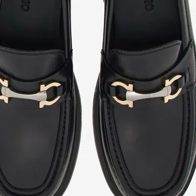 Ferragamo Leather Loafer With Gancini Metal Detail In Black