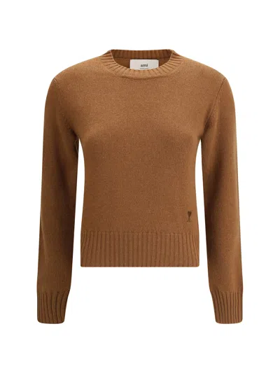 Ami Alexandre Mattiussi Cropped Brown Cashmere Blend Sweater With Heart Detail