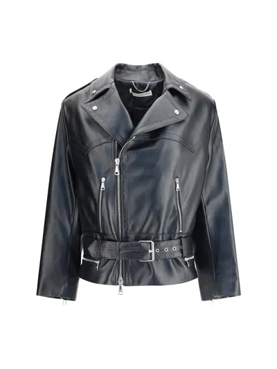 Alessandra Rich Leather Jacket Featuring Belted Waist And Epaulettes In Black
