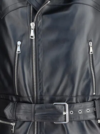 Alessandra Rich Leather Jacket Featuring Belted Waist And Epaulettes In Black