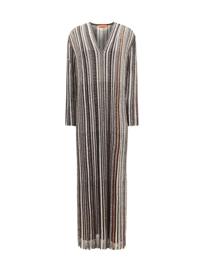 Missoni Long Dress With V-neck And Herringbone Stripe Knit In Multi