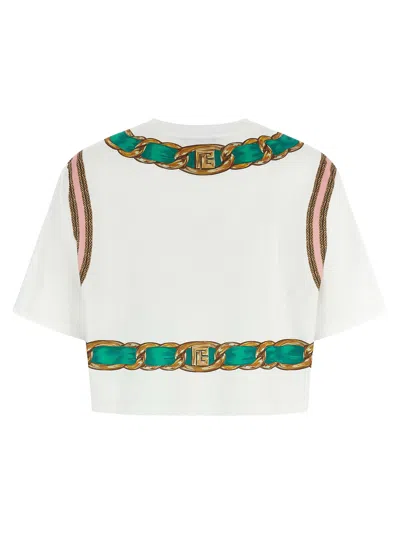 Balmain Chain Motif Crew Neck Cropped T-shirt In White