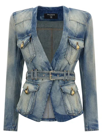 Balmain Stonewashed Cotton Denim Blazer In Blue