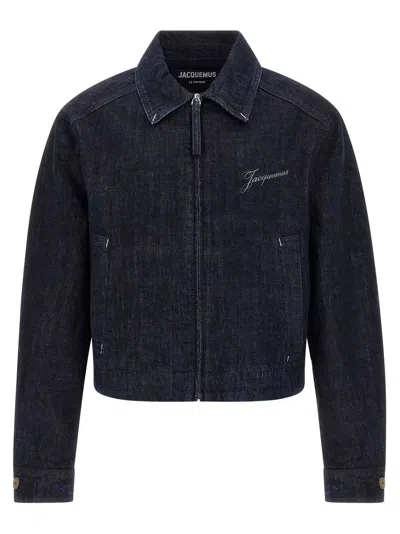 Jacquemus Dark Indigo Denim Jacket With Front Zipper And Logo In Blue