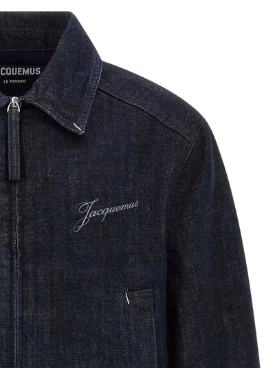 Jacquemus Dark Indigo Denim Jacket With Front Zipper And Logo In Blue
