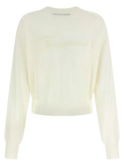Jacquemus White Crew Neck Sweater With Back Logo In Merino Wool Woman In White