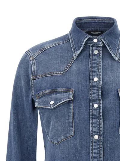 Dolce & Gabbana Denim Cotton Shirt With Chest Pockets In Blue