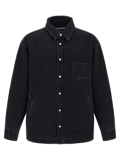 Jacquemus Virgin Wool Long-sleeve Shirt With Embroidered Logo In Black