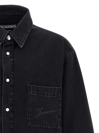 Jacquemus Virgin Wool Long-sleeve Shirt With Embroidered Logo In Black
