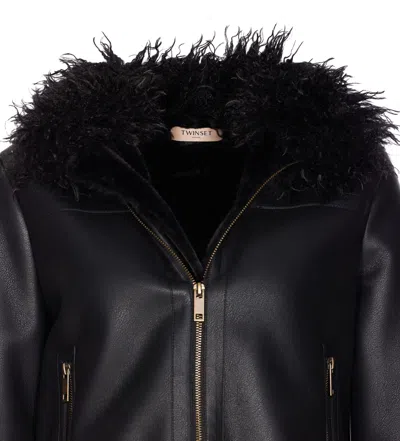 Twinset Blouson Effet Cuir Avec Fausse Fourrure In Black
