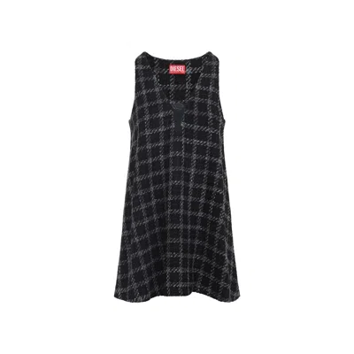 Diesel Mini Dress Checked Pattern Sleeveless V-neckline In Blue
