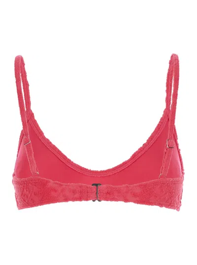 Tory Burch Terry Pink Bikini Top With Adjustable Spaghetti Straps And All-over Logo Embroidery In Cotton Blend  In Pink