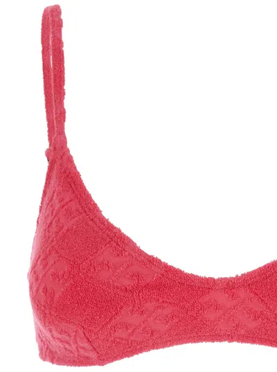 Tory Burch Terry Pink Bikini Top With Adjustable Spaghetti Straps And All-over Logo Embroidery In Cotton Blend  In Pink