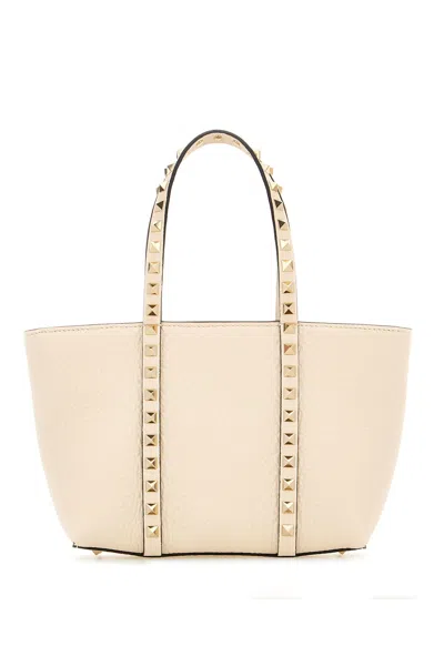 Valentino Garavani Sand Leather Small Rockstud Shopping Bag In Neutral