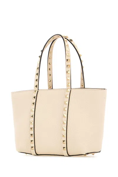 Valentino Garavani Sand Leather Small Rockstud Shopping Bag In Neutral