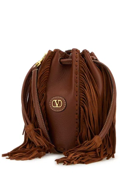 Valentino Garavani Bucket Bag Leather Fringe Detailing In Brown