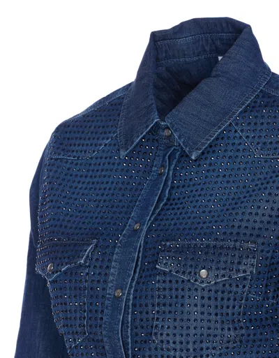 Liu •jo Denim Shirt With Crystals And Studs In Blue
