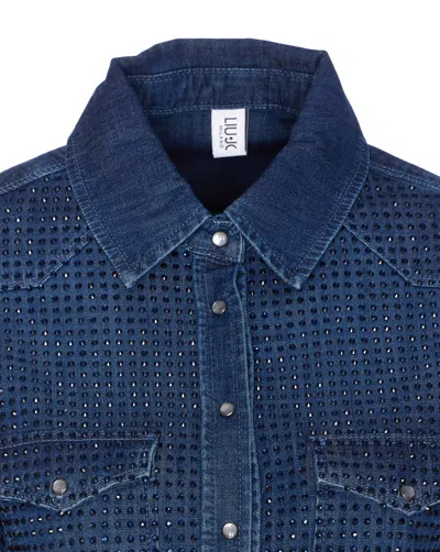 Liu •jo Denim Shirt With Crystals And Studs In Blue