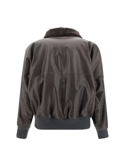 Brunello Cucinelli Leather Jacket With Shearling Collar In Brown