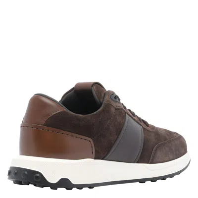 Tod's Low Top Suede Sneakers With Leather Detail In Brown