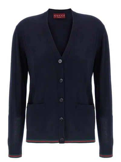 Gucci Women Blue Cardigan With Web Detail On The Edges In Cashmere And Silk Blend Woman In Blue