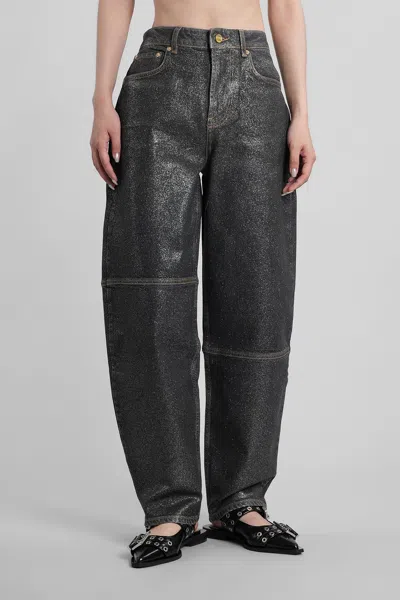 Ganni Wide Leg Trousers Metallic Finish Pockets In Black