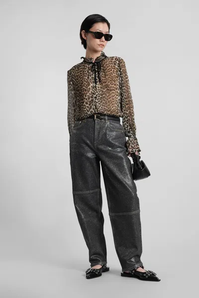 Ganni Wide Leg Trousers Metallic Finish Pockets In Black