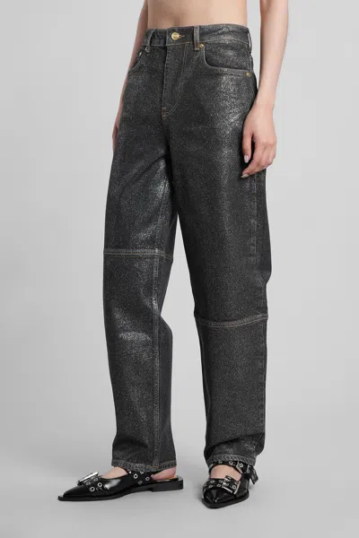 Ganni Wide Leg Trousers Metallic Finish Pockets In Black
