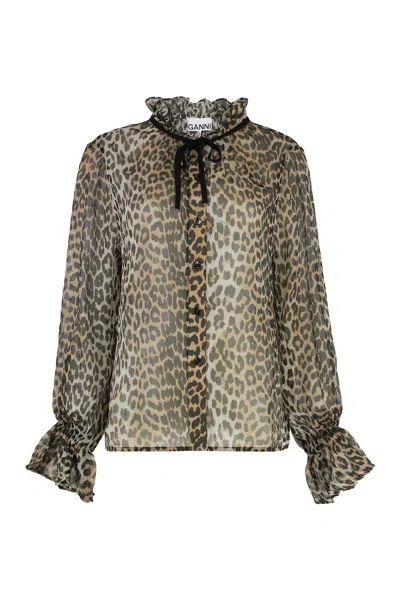 Ganni Leopard Print Chiffon Tie String Shirt In Animal Print