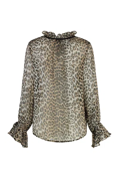 Ganni Leopard Print Chiffon Tie String Shirt In Animal Print