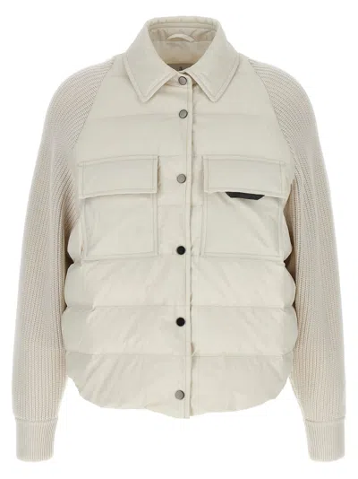 Brunello Cucinelli Two-material Down Jacket With Shiny Flap Detail In Gray