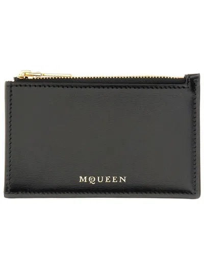 Alexander Mcqueen Logo Stamped Leather Zip Cardholder In Black