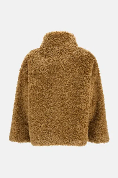 Herno Plush Faux Fur Jacket With High Collar And Buckle Closure In Sand