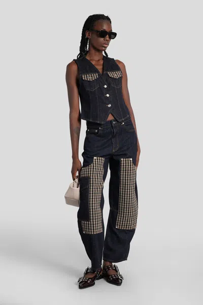 Ganni Checkered Patch Cargo Jeans In Blue