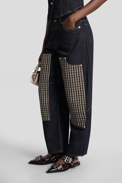 Ganni Checkered Patch Cargo Jeans In Blue