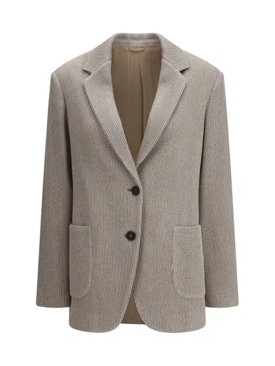Brunello Cucinelli Sparkling Ribbed Lurex Jacket With Peaked Lapels In Gray