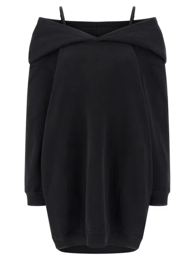 Mm6 Maison Margiela Mm6 By Maison Margiela Off-shoulder Black Sweatshirt Dress With Cozy Hood In Black