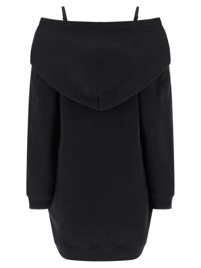 Mm6 Maison Margiela Mm6 By Maison Margiela Off-shoulder Black Sweatshirt Dress With Cozy Hood In Black