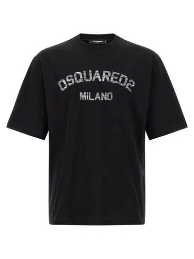 Dsquared2 Loose Fit Tee Logo Dsq2 Milano Sbiadito Effetto Texture Jersey Di Cotone T-shirt In Black