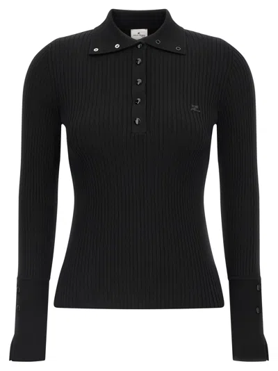 Courrèges Fitted Ribbed Long-sleeve Top With Unique Collar In Black