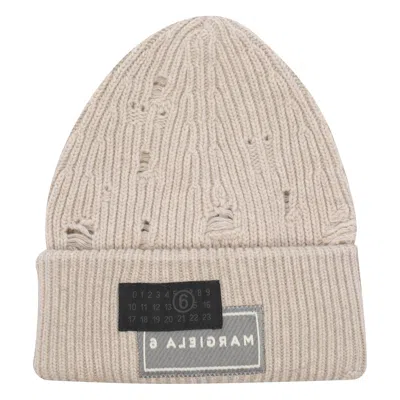 Mm6 Maison Margiela Mm6 By Maison Margiela Ribbed Beanie Hat With Distinctive Logo Patch In Sand