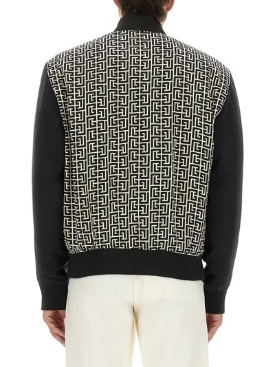 Balmain Pb Labyrinth Monogram Varsity Bomber Jacket In Black
