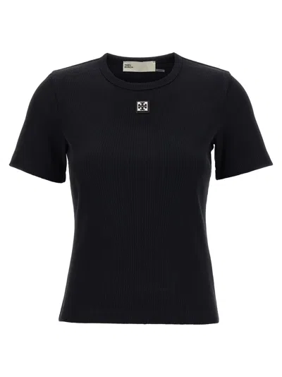 Tory Burch Ribbed Cotton T-shirt In Black