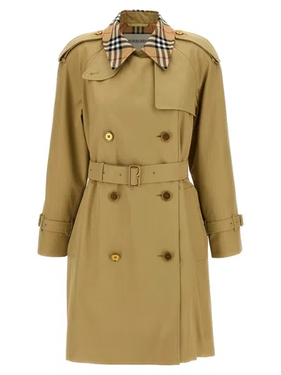 Burberry Castleford Check Collar Water Resistant Gabardine Trench Coat In Green