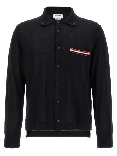 Thom Browne Wool Shirt With Long Sleeves And Striped Detail In Black