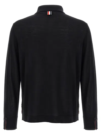Thom Browne Wool Shirt With Long Sleeves And Striped Detail In Black