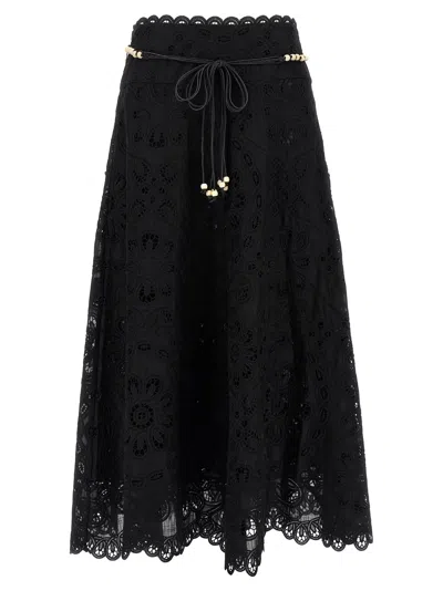 Zimmermann Flared Midi Skirt With Embroidered Openwork Design In Black
