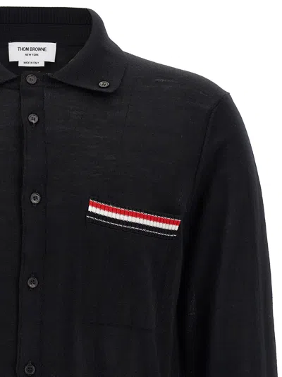 Thom Browne Wool Shirt With Long Sleeves And Striped Detail In Black